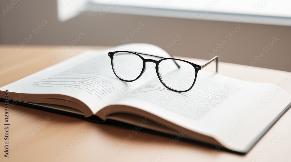Open Book and Eyeglasses on Wooden Desk near Window Open Book and Eyeglasses on Wooden Desk near Window