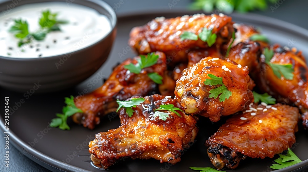 A close-up shot of a plate of fried chicken wings, glistening with a spicy honey glaze, garnished with fresh herbs and sesame seeds, served alongside a bowl of creamy ranch dressing A close-up shot of a plate of fried chicken wings, glistening with a spicy honey glaze, garnished with fresh herbs and sesame seeds, served alongside a bowl of creamy ranch dressing
