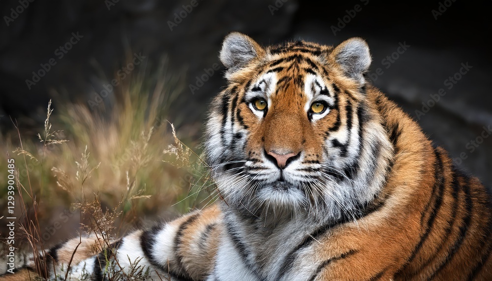 Fototapeta premium Majestic Siberian Tiger Roaming a Wintery Forest Twilight, Captured in the Golden Hour, Displaying Breathtaking Majesty and Power in a SnowCovered Landscape