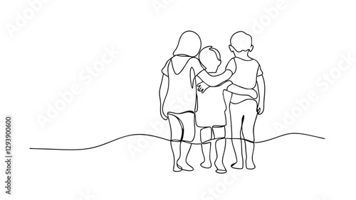 Three Children Hugging, One Line Drawing, Friendship, Childhood, Innocence, Unity, Togetherness, Bon