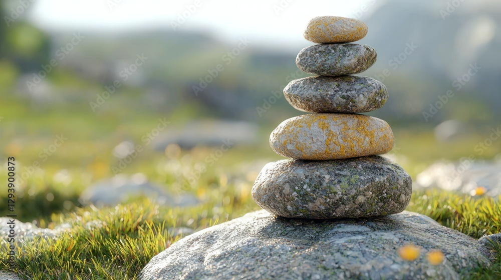 Stacked stones, mountain meadow, balanced zen Stacked stones, mountain meadow, balanced zen