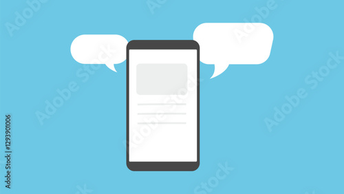 A black smartphone with two blank speech bubbles on a blue background, representing online messaging, communication, and social interaction