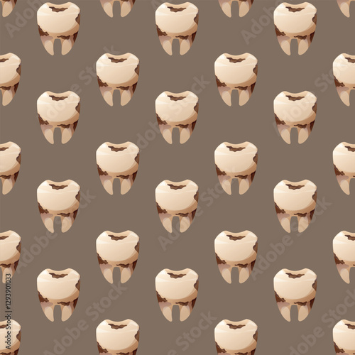 Decayed tooth with cavities and plaque buildup. Seamless vector cartoon pattern, Damaged molar illustration symbolizing poor oral hygiene, dental problems, and the need for professional treatment.