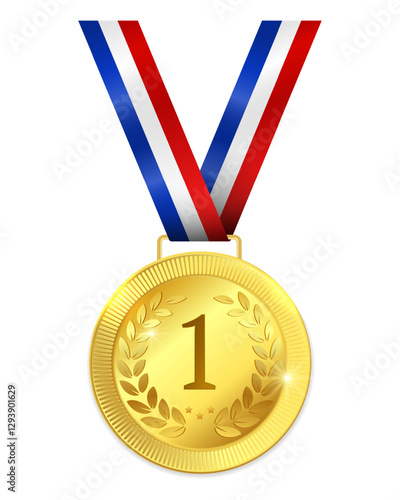 Award premium gold medal for first place with a red, blue and white ribbon