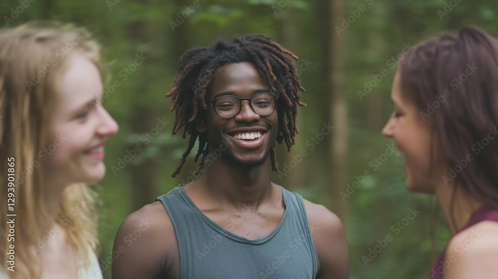 Group of Diverse Friends Engaging in Laughter and Conversation in a Lush Green Forest During a Sunny Day, Emphasizing Joy and Connection in Nature Group of Diverse Friends Engaging in Laughter and Conversation in a Lush Green Forest During a Sunny Day, Emphasizing Joy and Connection in Nature