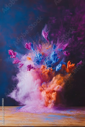 colorful powder explosion, with the colors being pink, blue, and orange, Holi festival