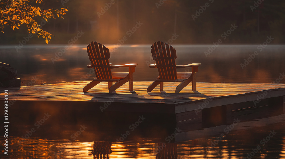 Fototapeta premium Two chairs overlook a tranquil lake at sunrise, inviting relaxation and reflection. The dock is illuminated by the warm, golden light.