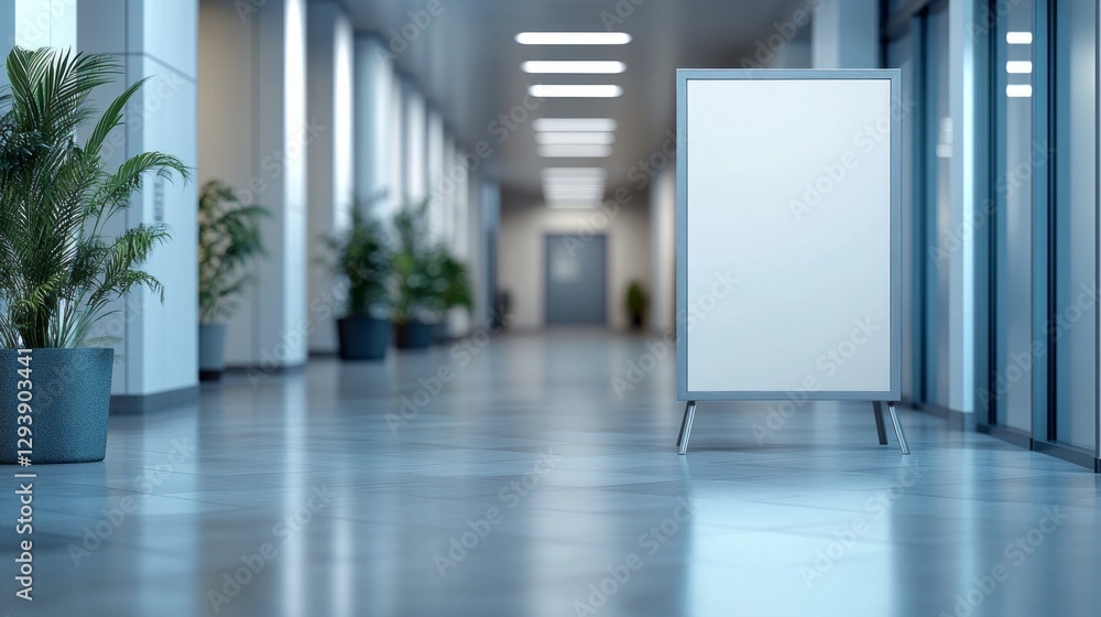 A bright, spacious hallway showcases tall potted plants on either side, with an empty signboard in the center sparking curiosity in a modern office environment A bright, spacious hallway showcases tall potted plants on either side, with an empty signboard in the center sparking curiosity in a modern office environment