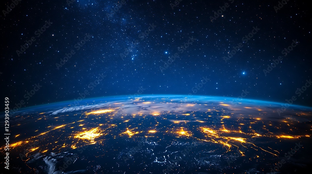 Obraz premium Earth Sunrise from Space with Golden Horizon, A stunning view of Earth from space with a sunrise casting golden light over the horizon, illuminating clouds and the atmosphere