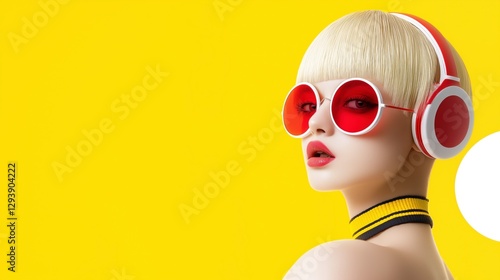 Beautiful fair-haired young sexy girl on yellow background. dj or or a music lover in sunglasses fun and listening to music in headphones. Girl face for music decor, dj, hobbies.