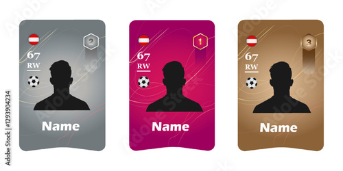 Customizable football player card template with silhouette, rating, position, and national flag. Set of three designs in silver, pink, and bronze colors