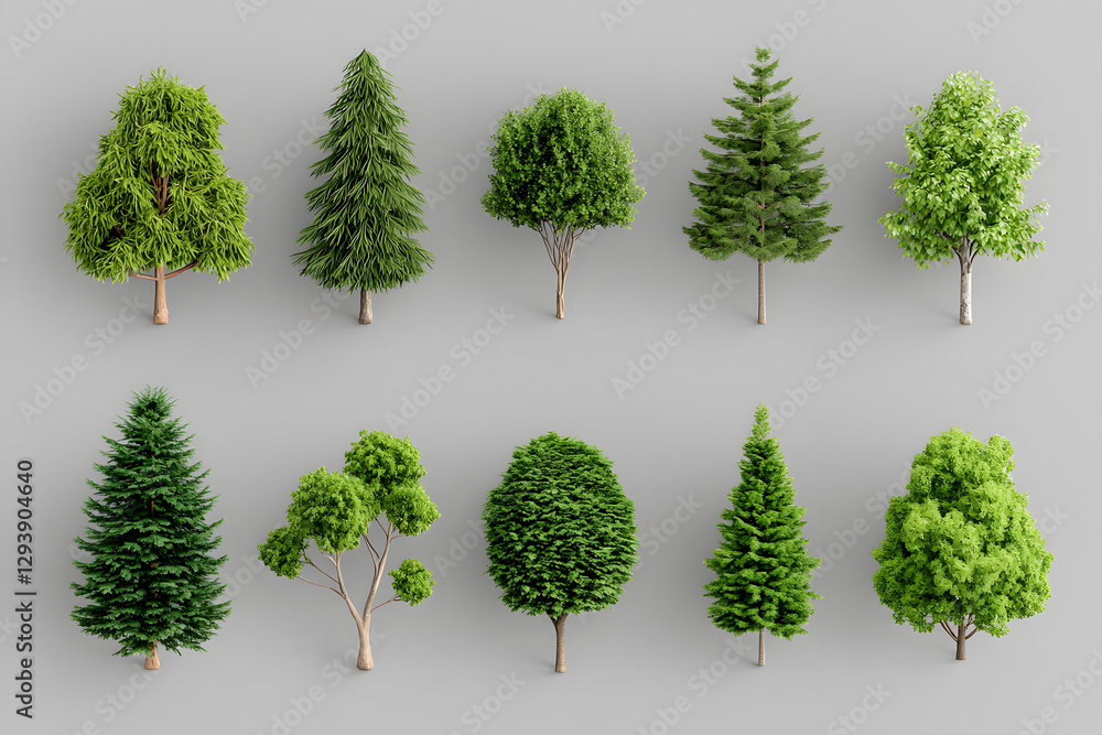 Fototapeta premium 3d realistic green trees collection isolated on white background