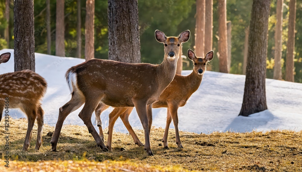 Stunning Sika Deer and Sika Elk in Wintery Forest, Majestic Creatures Frolicking Against a SnowCovered Backdrop, Radiant Spirits Abound in the Enchanting Alpine Landscape. Stunning Sika Deer and Sika Elk in Wintery Forest, Majestic Creatures Frolicking Against a SnowCovered Backdrop, Radiant Spirits Abound in the Enchanting Alpine Landscape.