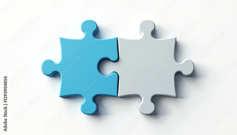 Two puzzle pieces in light blue, gray interlock perfectly. Connection, collaboration, task completion. Oneness, integration, fit, success. Business strategy concept. Teamwork, partnership. Solution. Two puzzle pieces in light blue, gray interlock perfectly. Connection, collaboration, task completion. Oneness, integration, fit, success. Business strategy concept. Teamwork, partnership. Solution.