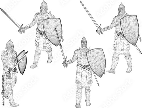 vector sketch illustration of royal soldier design with sword and shield weapon wearing iron armor  
