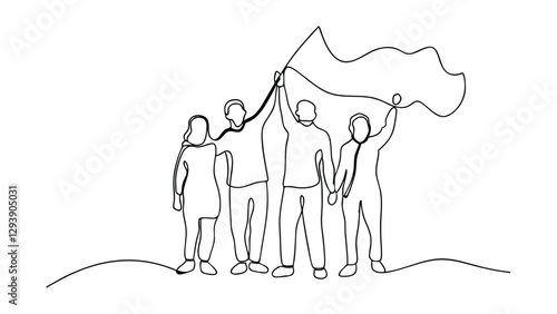 Unity, Teamwork, Collaboration, People, Flag, OneLine, Drawing, Solidarity, Togetherness, Achievemen