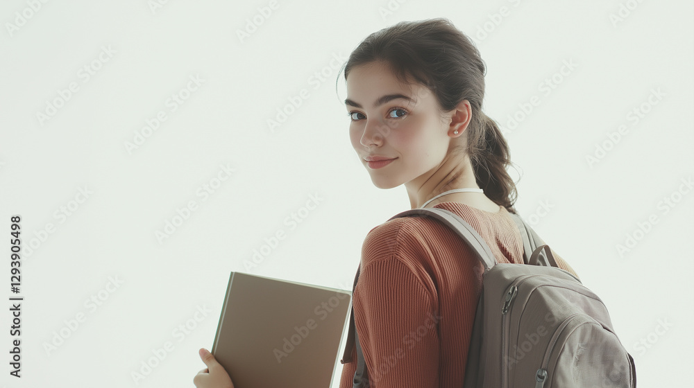 Junge Studentin mit Rucksack und Buch, seitliche Aufnahme vor weißem Hintergrund im Studio, trägt roten Pullover und schaut in die Kamera Junge Studentin mit Rucksack und Buch, seitliche Aufnahme vor weißem Hintergrund im Studio, trägt roten Pullover und schaut in die Kamera