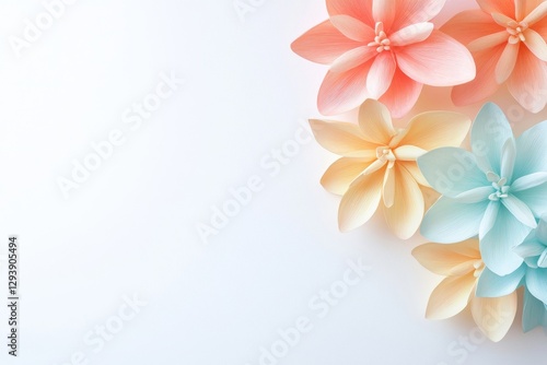 Colorful paper flowers arranged on a white background