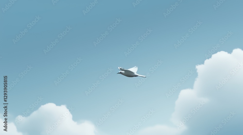 Small White Airplane in Pale Blue Sky with Fluffy Clouds Small White Airplane in Pale Blue Sky with Fluffy Clouds