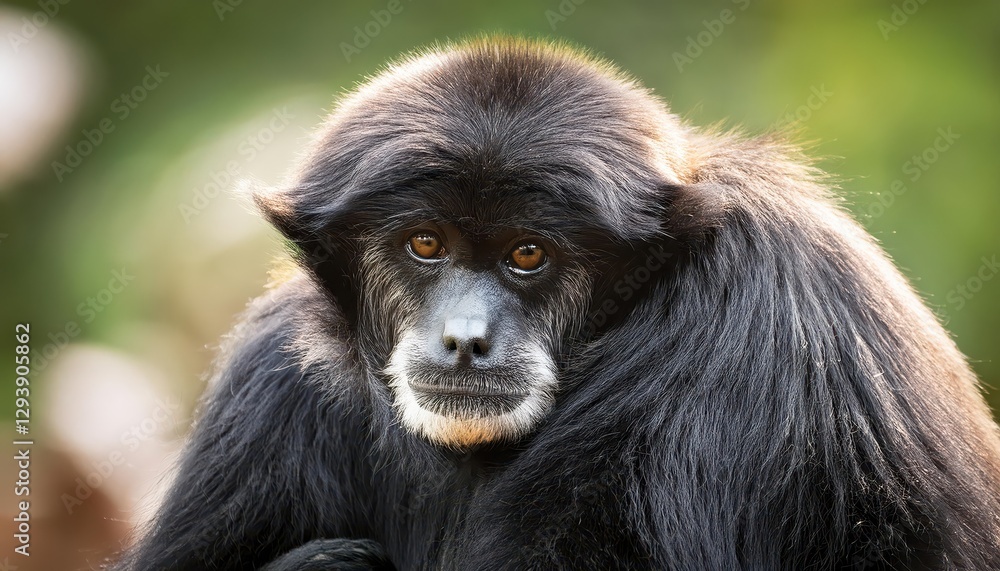 Closeup of Singe Gibbon Siamang Majestic Primates Gazing Intently, Set Against Lush Tropical Greenery and Dappled Sunlight, Capturing the Intrigue and Beauty of Forest Life Closeup of Singe Gibbon Siamang Majestic Primates Gazing Intently, Set Against Lush Tropical Greenery and Dappled Sunlight, Capturing the Intrigue and Beauty of Forest Life