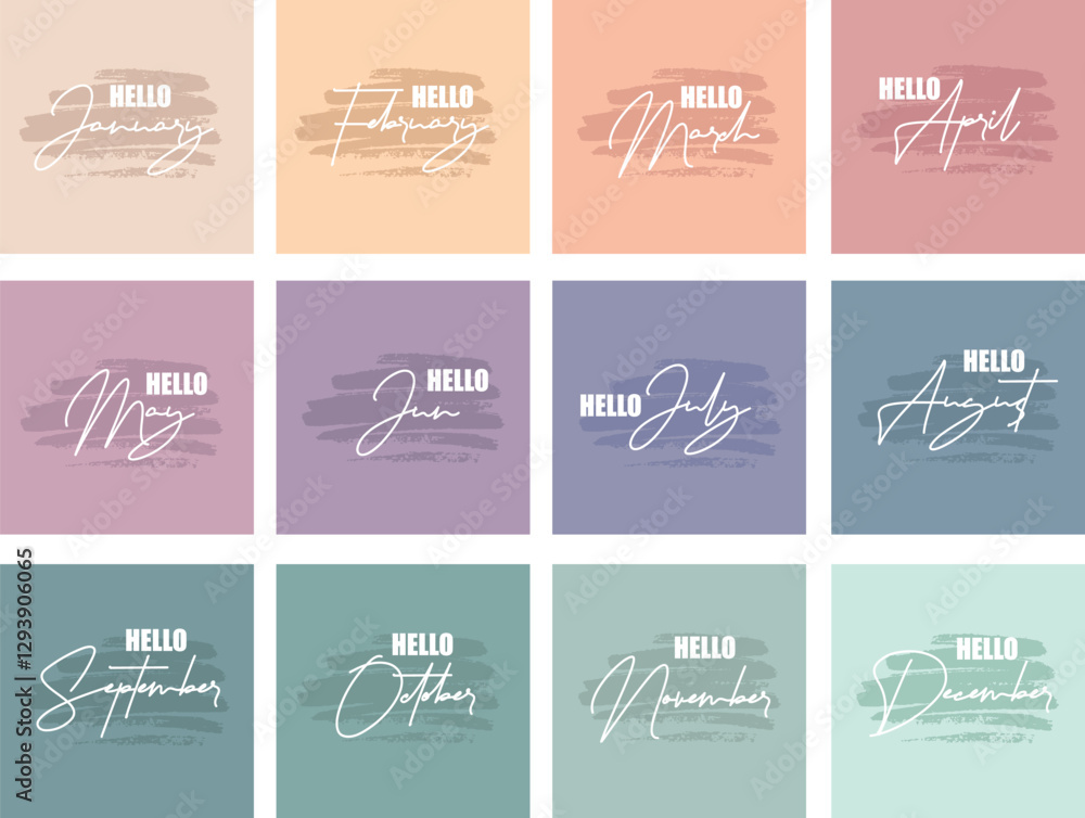 Fototapeta premium Minimal soft color Handwritten months names of the year on the background of an colorful brush. Set of colorful month names. Vector, illustration.