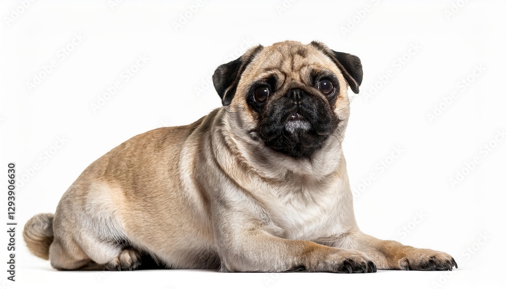 Adorable Sitting Pug on White Background, Charming Canine Cute as a Button, Showcasing Soft Fur Textures and Playful Eyes in Striking Contrast with Plain Backdrop. Adorable Sitting Pug on White Background, Charming Canine Cute as a Button, Showcasing Soft Fur Textures and Playful Eyes in Striking Contrast with Plain Backdrop.