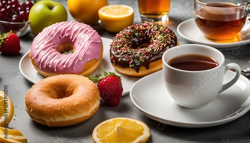 Donuts, Tea and Fruit, a Delicious Spread
