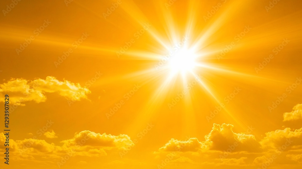 Intense radiant sunshine with sunbeams and golden clouds on a warm yellow sky Intense radiant sunshine with sunbeams and golden clouds on a warm yellow sky