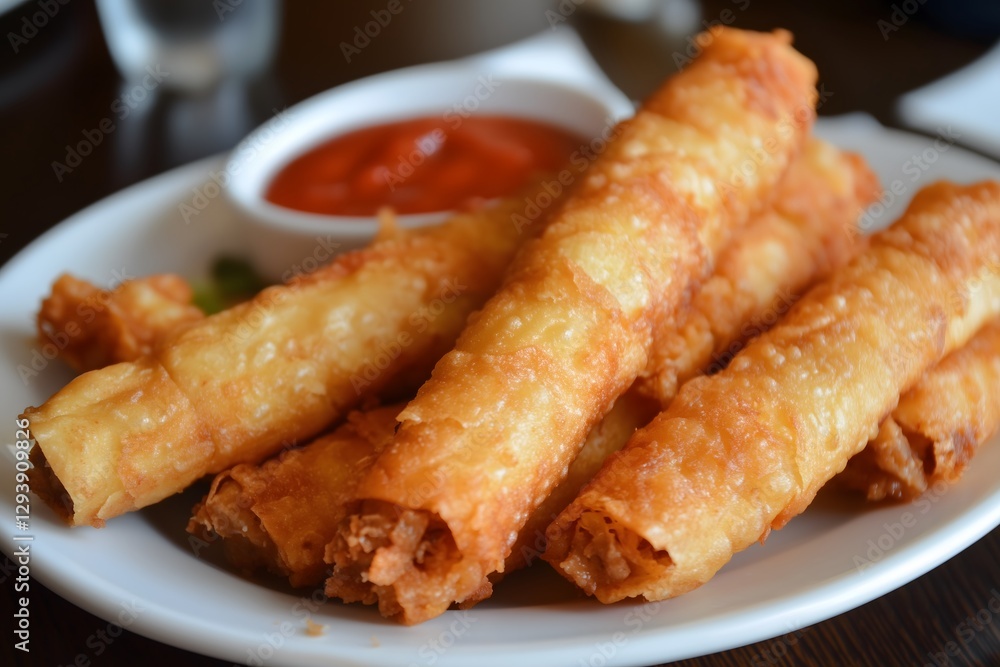 A plate of crispy golden-brown taquitos A plate of crispy golden-brown taquitos