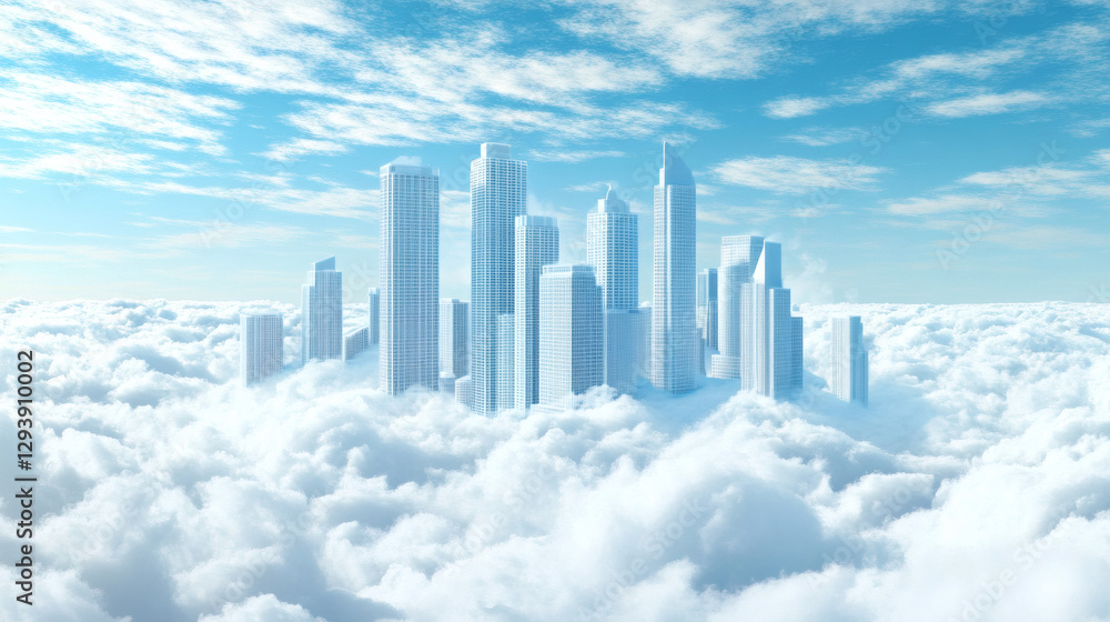 Fototapeta premium Futuristic city skyline above the clouds in a bright blue sky