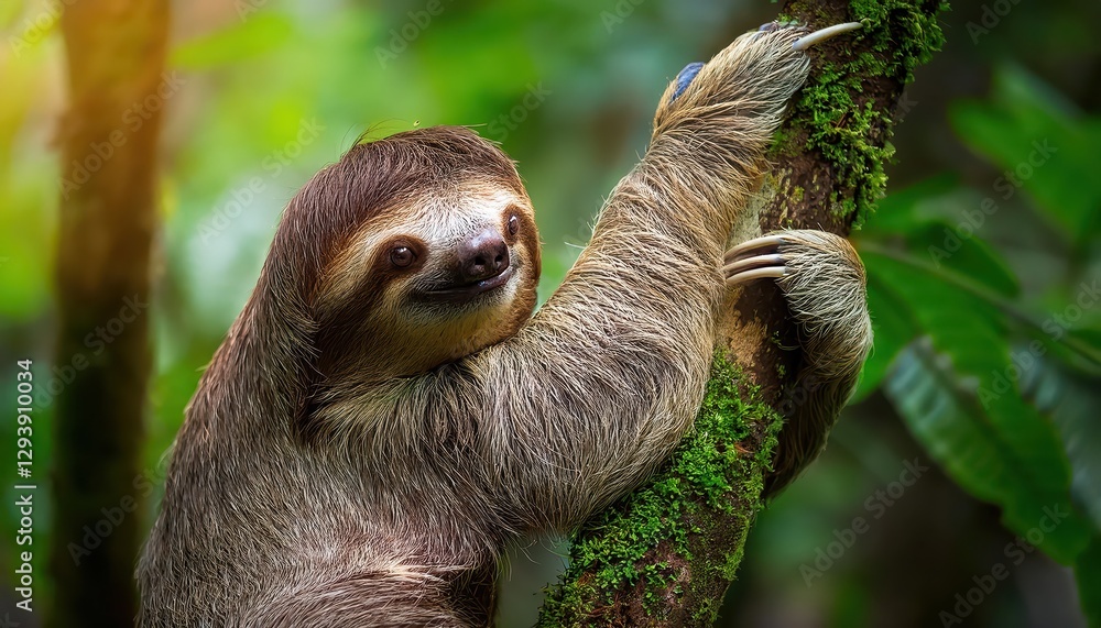 Naklejka premium Slowly Settling Amongst Greenery Majestic Sloth Nestled Peacefully in Lush Tropical Rainforest, Exuding Tranquility and Serenity.
