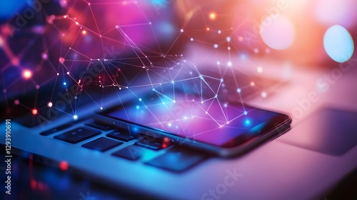 Wallpaper Mural A futuristic workspace with a laptop and mobile phone connected to the internet.represents digital technology, internet connectivity, big data, IoT, digital marketing, and innovative tech advancements Torontodigital.ca