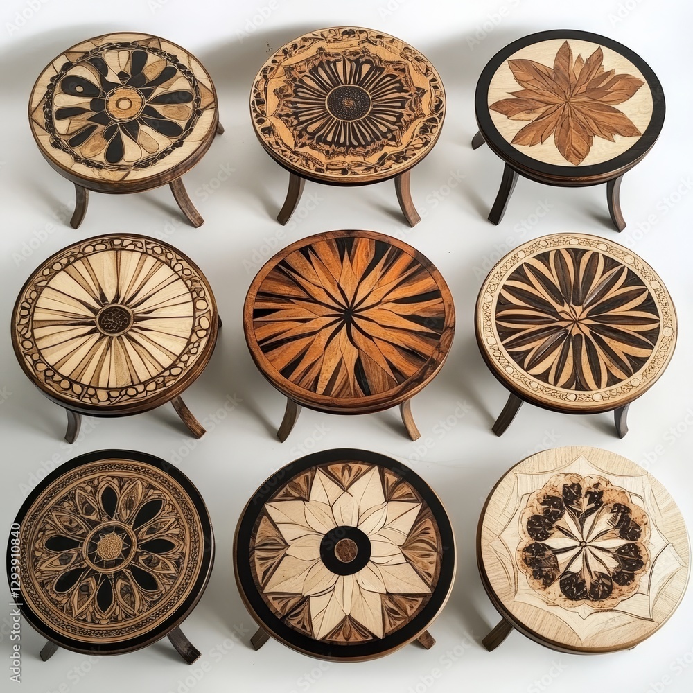Set of round wooden chairs on a white background. View from above. Set of round wooden chairs on a white background. View from above.