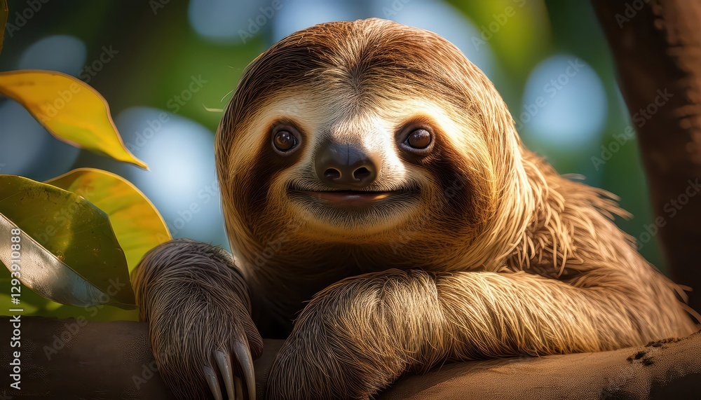 Fototapeta premium Sloth in Lush Green Rainforest Canopy, Sleeping Peacefully Among Vibrant Flora and Fauna, Capturing a Moment of Tranquility in the Heart of the Tropics.