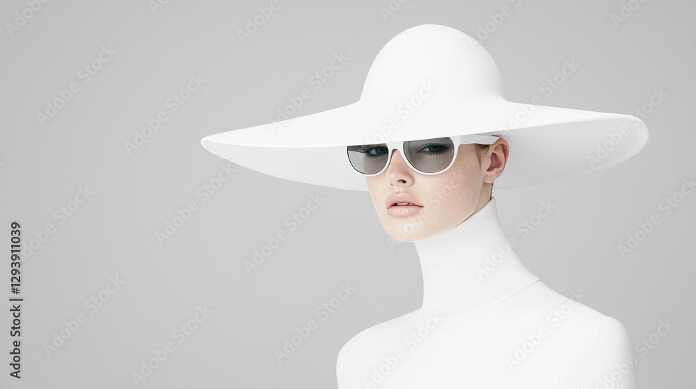 Woman in white fashion statement hat and sunglasses Woman in white fashion statement hat and sunglasses