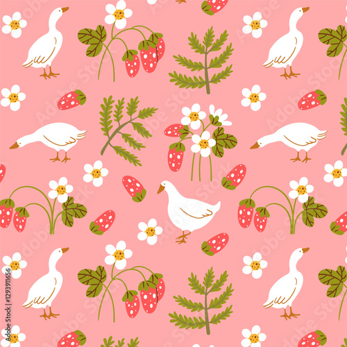 Seamless pattern with flowers, plants, geese
