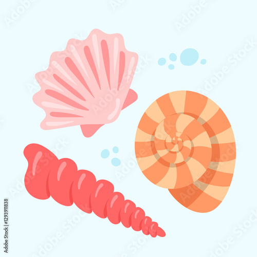 Sea shells set, mollusks, starfish. Flat illustration of seashells collection, stickers. Ocean exotic underwater seashell. Tropical beach shells nature aquatic water vector design