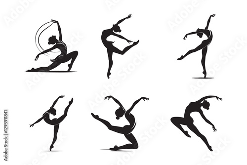 Minimalist rhythmic gymnastics girl pose silhouette on white background. Vector illustration.