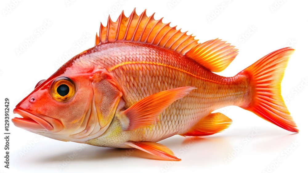 Red Snapper Fish with Vibrant Orange Scales and Sharp Dorsal Fins on a White Background Red Snapper Fish with Vibrant Orange Scales and Sharp Dorsal Fins on a White Background