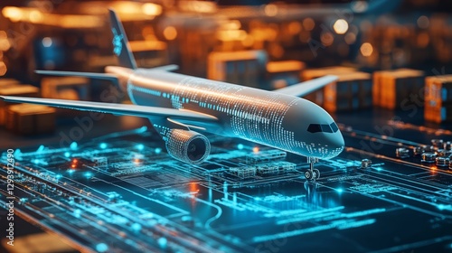 Futuristic Airplane on Digital Airport Runway: Air Travel Innovation