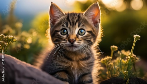 Sweet and Playful Tabby Kitten in Soft Light at Twilight, Showcasing Striking Green Eyes and Fluffy Fur Against a Cozy Background.