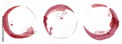 A set of round prints of red spots from wine, juice, pink drink. Wine splashes, spilled liquid, blotches. Isolated. Vector illustration.
