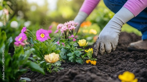 Fototapeta Naklejka Na Ścianę i Meble -  Planting colorful flowers in a vibrant flower bed for a beautiful garden display