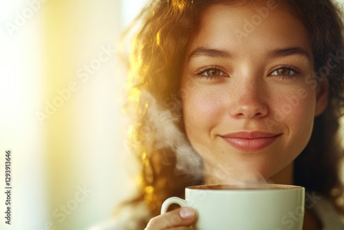 Warm sunlight highlights joyful expression while sipping steamin