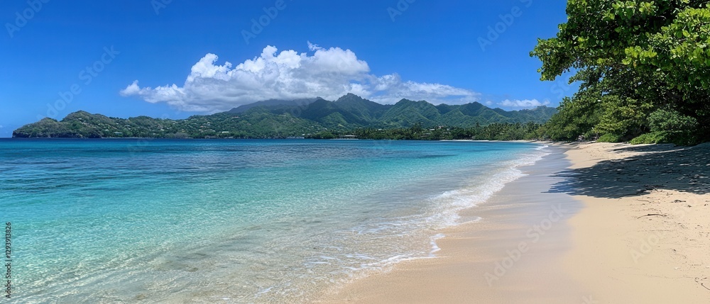 Serene tropical beach paradise with turquoise water and a backdrop of lush green mountains under a clear blue sky