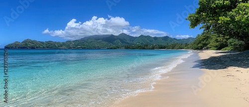 Obraz na płótnie Serene tropical beach paradise with turquoise water and a backdrop of lush green mountains under a clear blue sky w salonie