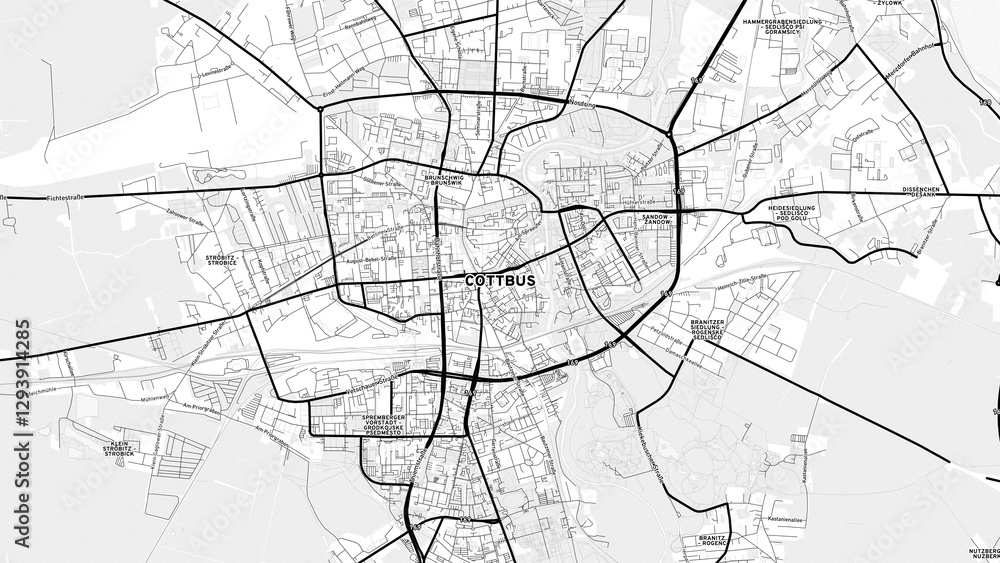 Fototapeta premium Minimalist Cottbus Street Map with Labels and Neighborhoods