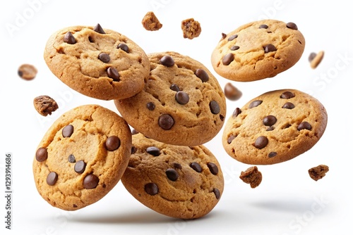 Floating Chocolate Chip Cookies, Delicious Baked Goods, Sweet Treat Photography, Airy Food Image, PNG Background
