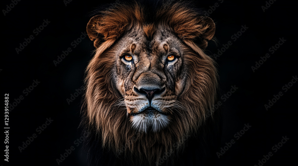 Naklejka premium Powerful male lion close-up with piercing amber eyes and thick mane on a dark background, symbolizing strength and wildlife beauty