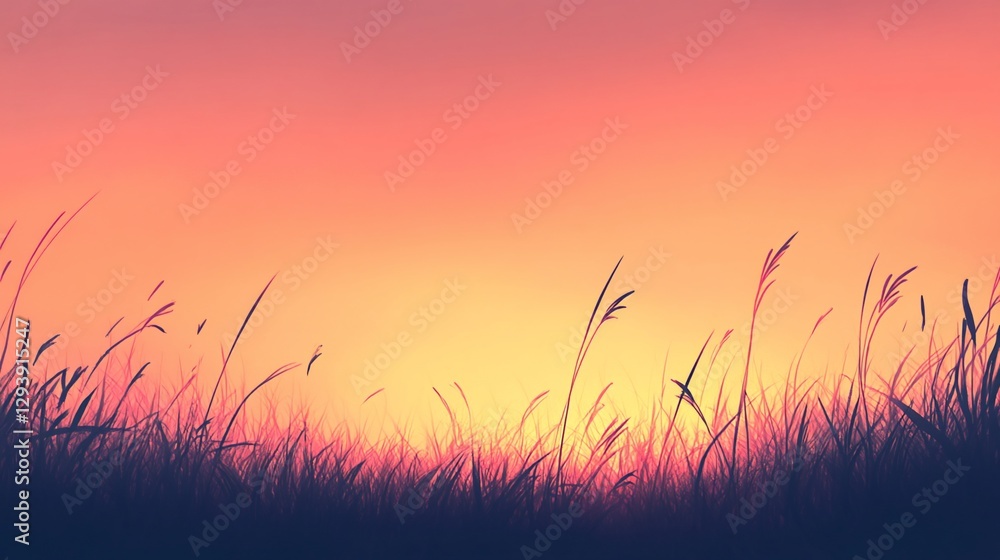 Obraz premium Abstract landscape featuring a warm gradient sky with dark grass silhouettes in foreground